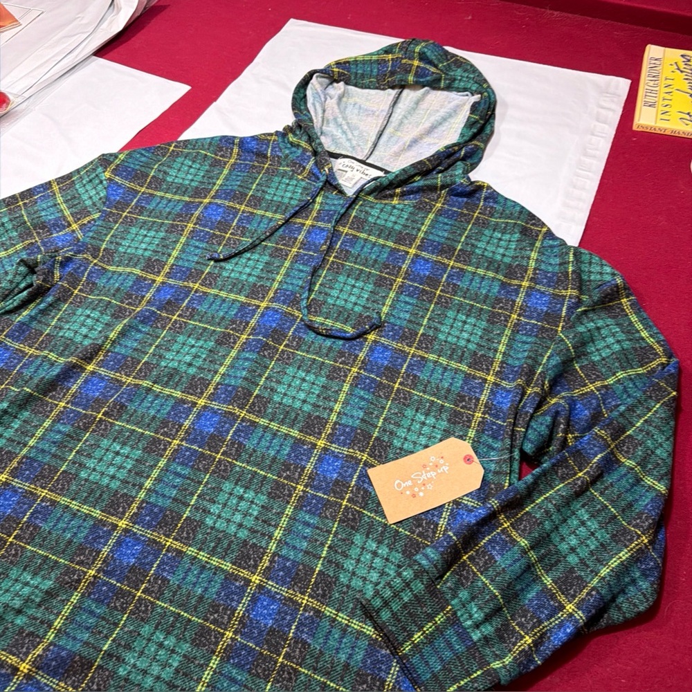 GREEN BLACK YELLOW wide PLAID HOODIE NEW sweater Cozy Vibes Tunic Women’s  2xl - Picture 4 of 12